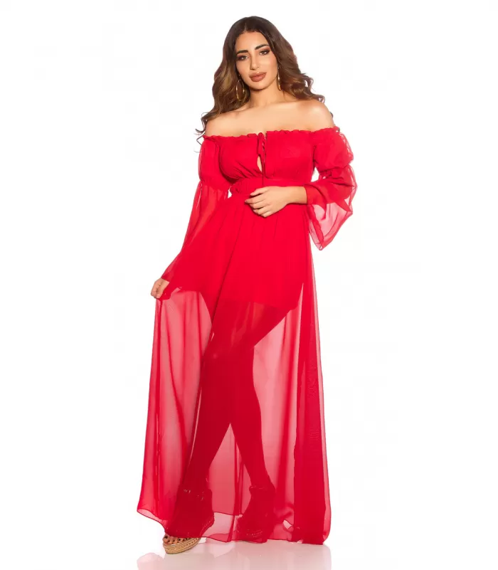 Punainen pitkähihainen off-shoulder mesh-maksimekko