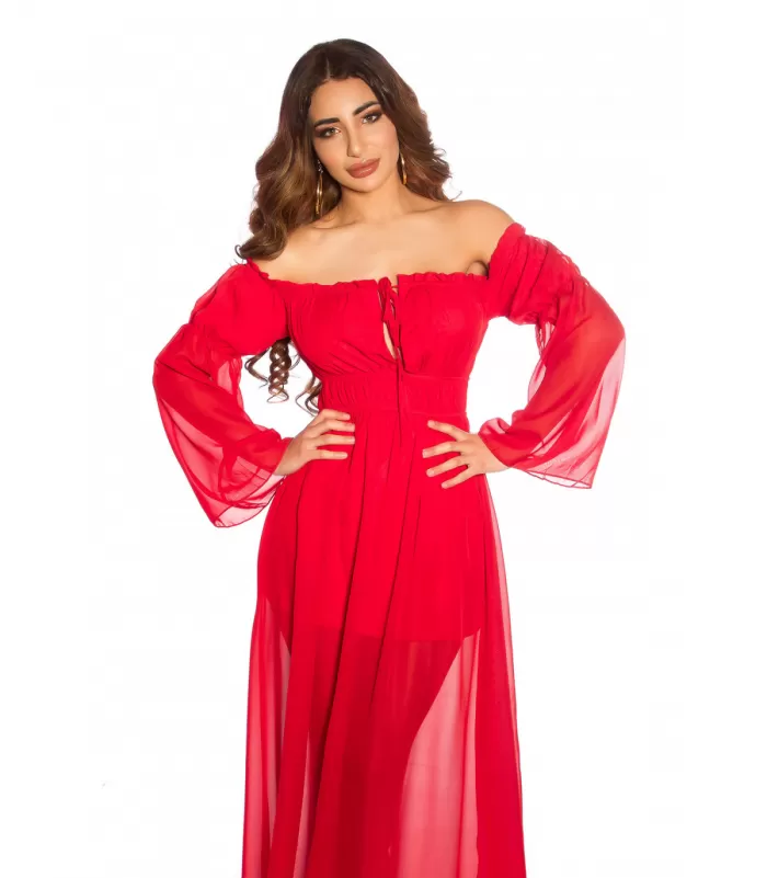 Punainen pitkähihainen off-shoulder mesh-maksimekko