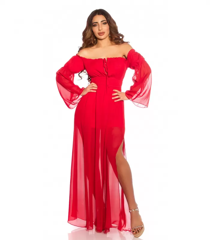 Punainen pitkähihainen off-shoulder mesh-maksimekko