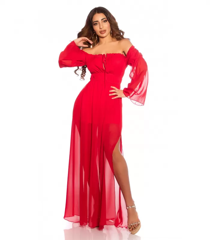 Punainen pitkähihainen off-shoulder mesh-maksimekko [BLACKWEEK]