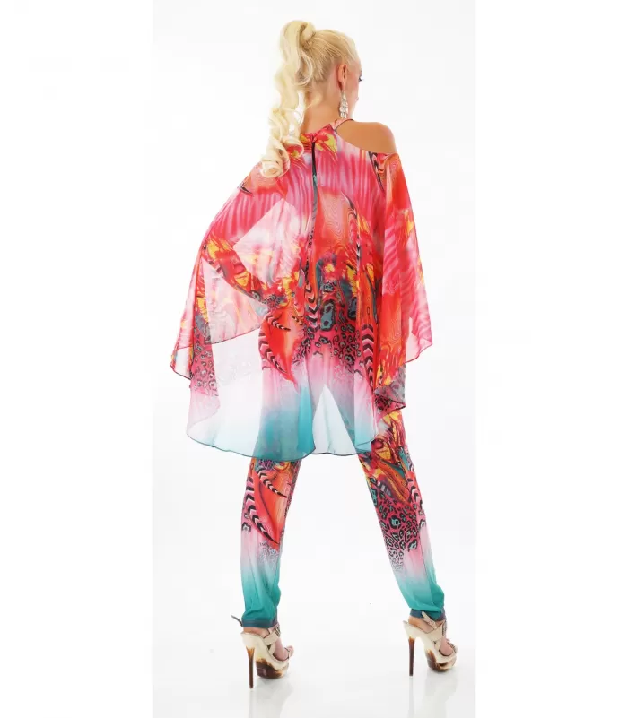 Punainen printtikuvioinen jumpsuit liehuksella