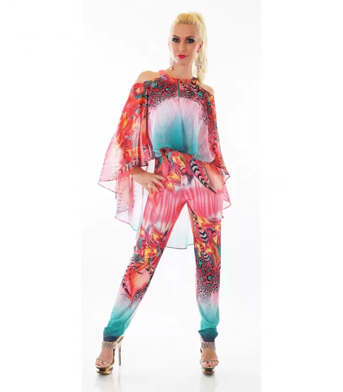 Punainen printtikuvioinen jumpsuit liehuksella