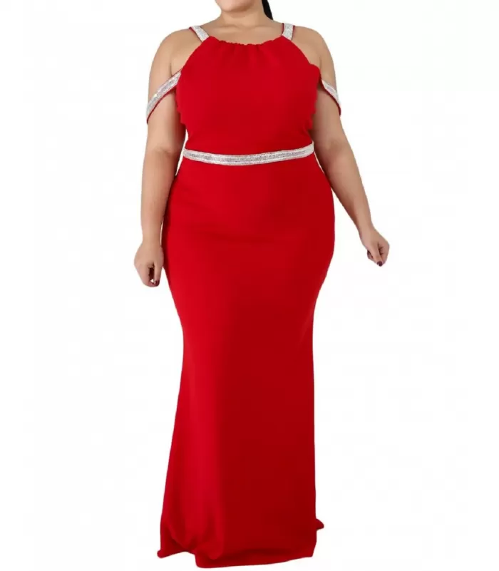 Punainen strassiremmikoristeinen pitkä juhlamekko (plus size) [LÖYTÖ]