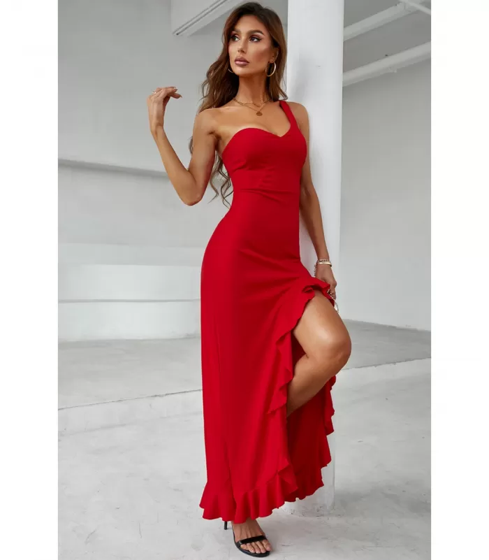 Punainen yksiolkaiminen pitkä juhlamekko halkiolla