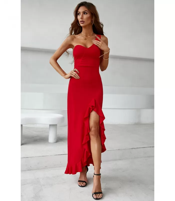 Punainen yksiolkaiminen pitkä juhlamekko halkiolla