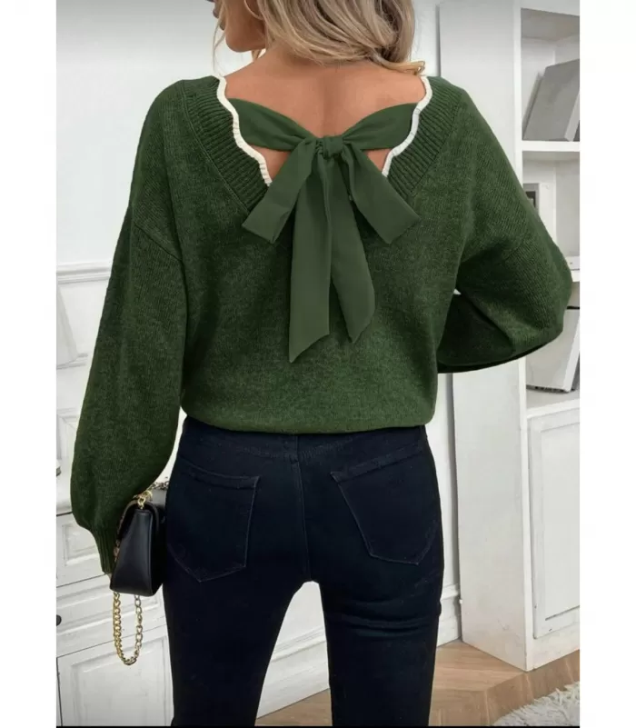 Rosy Days khakinvihreä väljä v-neule rusetilla