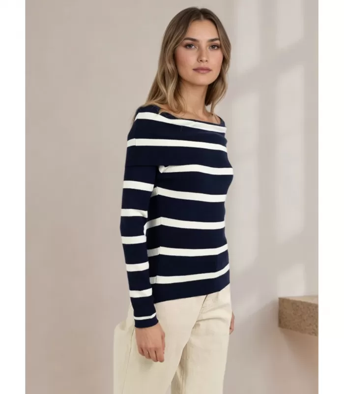 Rosy Days mustavalkoinen raidallinen off-shoulder neulepaita