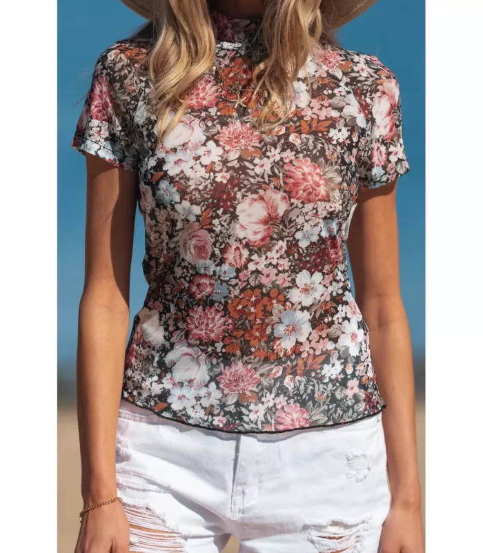 Ruskea lyhythihainen kukkakuvioinen mesh-paita