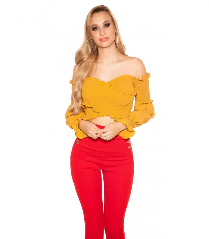 Sinapinkeltainen pitkähihainen lyhyt wrap-look latinapaita