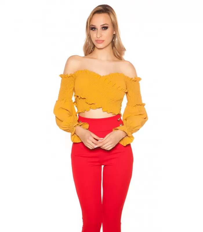 Sinapinkeltainen pitkähihainen lyhyt wrap-look latinapaita