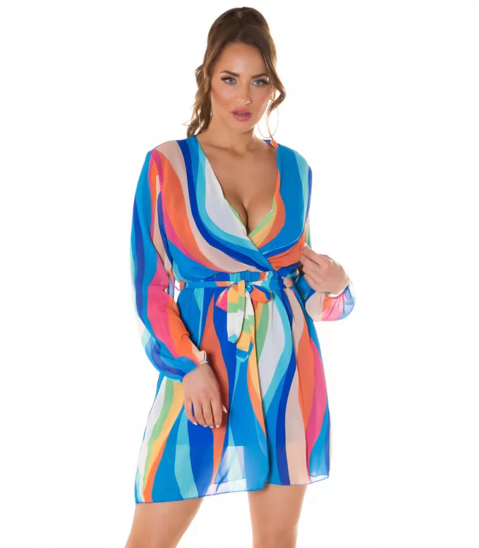 Sininen multiraidallinen wrap-look v-mekko vyöllä [LÖYTÖ]