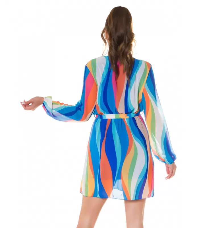 Sininen multiraidallinen wrap-look v-mekko vyöllä [LÖYTÖ]