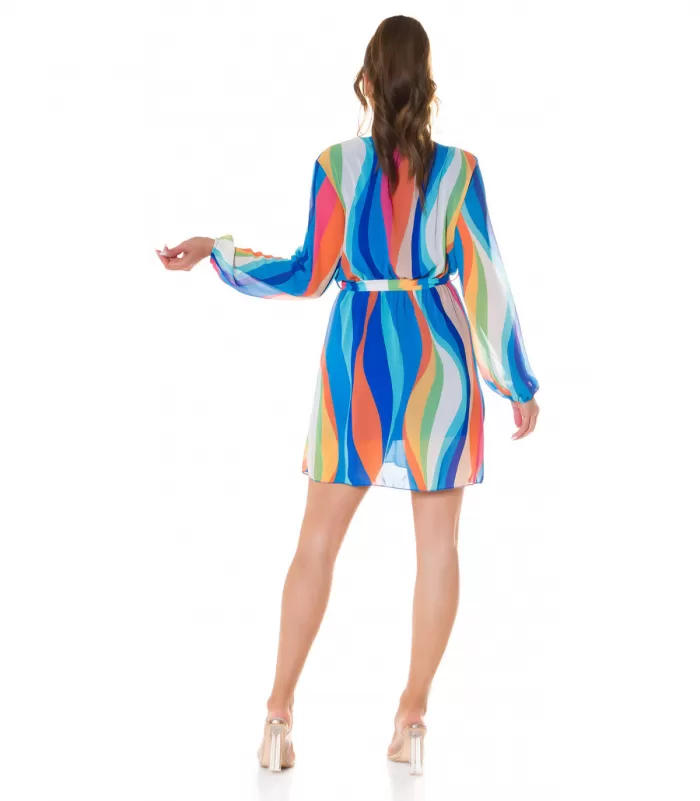 Sininen multiraidallinen wrap-look v-mekko vyöllä [LÖYTÖ]