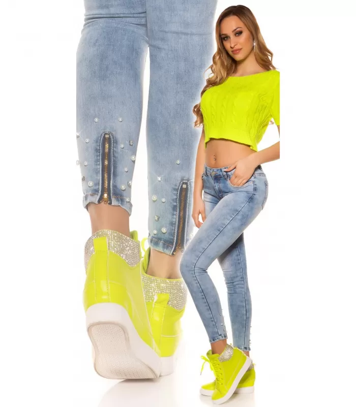 Siniset farkut vetoketju- ja helmikoristeisilla lahkeilla [TAMMIALE -20%]