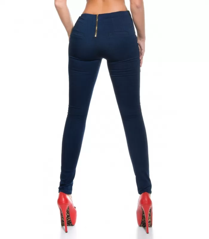 Siniset korkeavyötäröiset jeggingsit vetoketjuilla