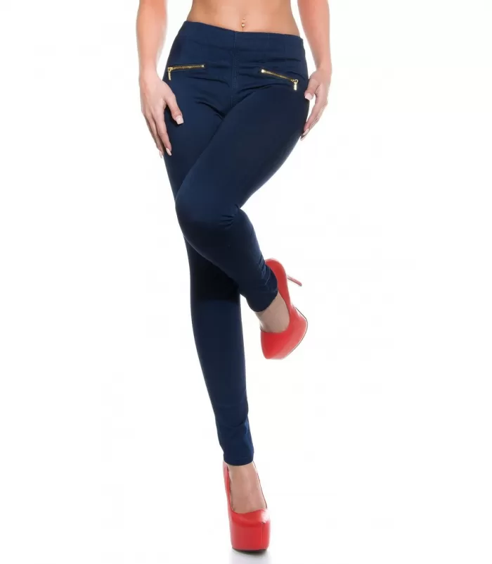 Siniset korkeavyötäröiset jeggingsit vetoketjuilla