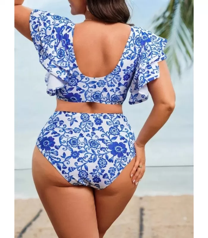 Sinivalkoiset koristeelliset kukkabikinit (plus size)