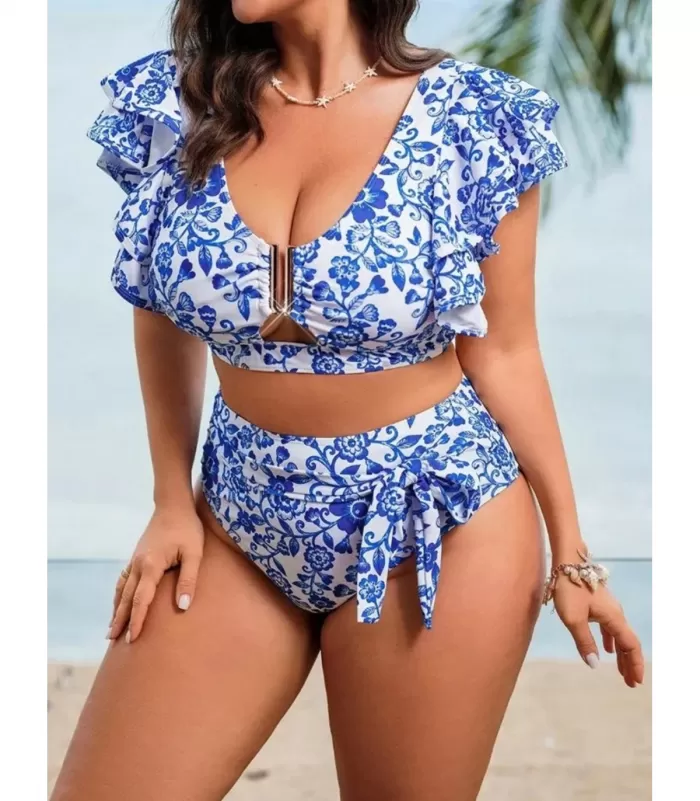 Sinivalkoiset koristeelliset kukkabikinit (plus size)