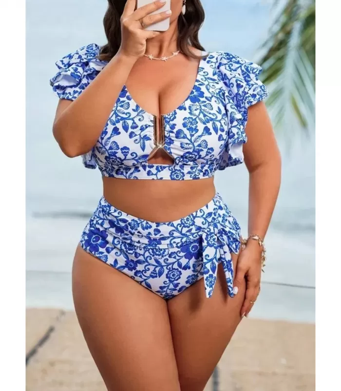 Sinivalkoiset koristeelliset kukkabikinit (plus size)
