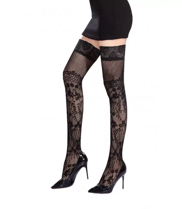 Snow Rose mustat pitsikoristeiset stay-up verkkosukat
