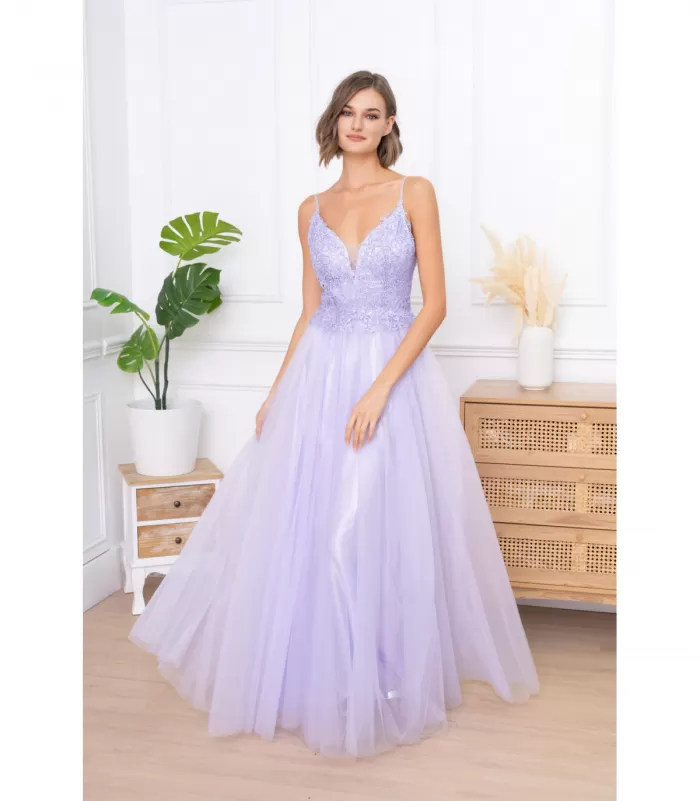 Soky Soka lila pitkä juhlamekko strasseilla