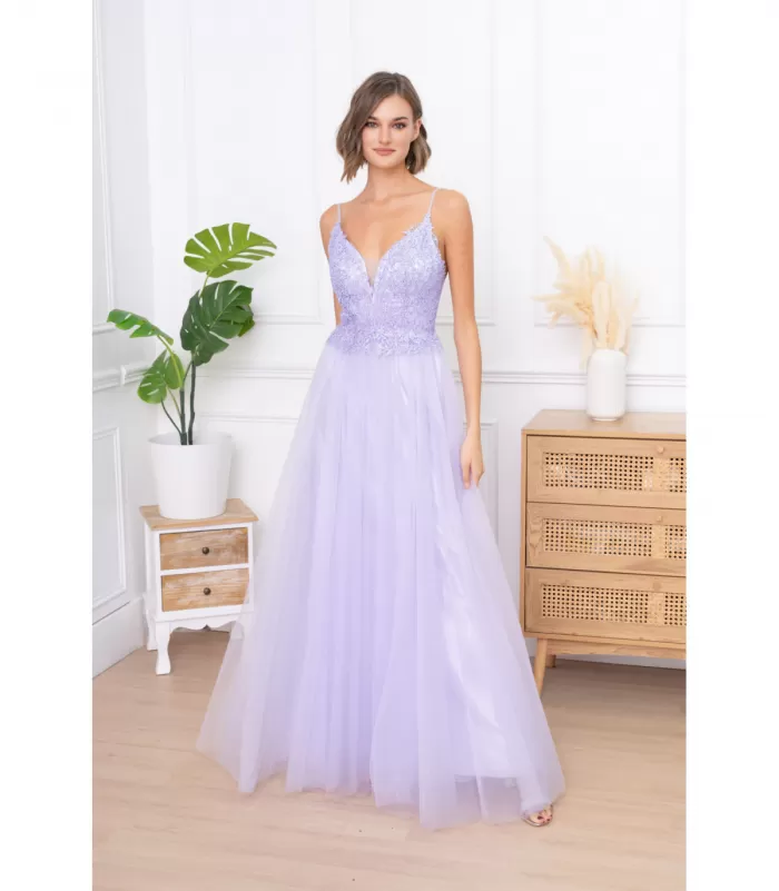 Soky Soka lila pitkä juhlamekko strasseilla