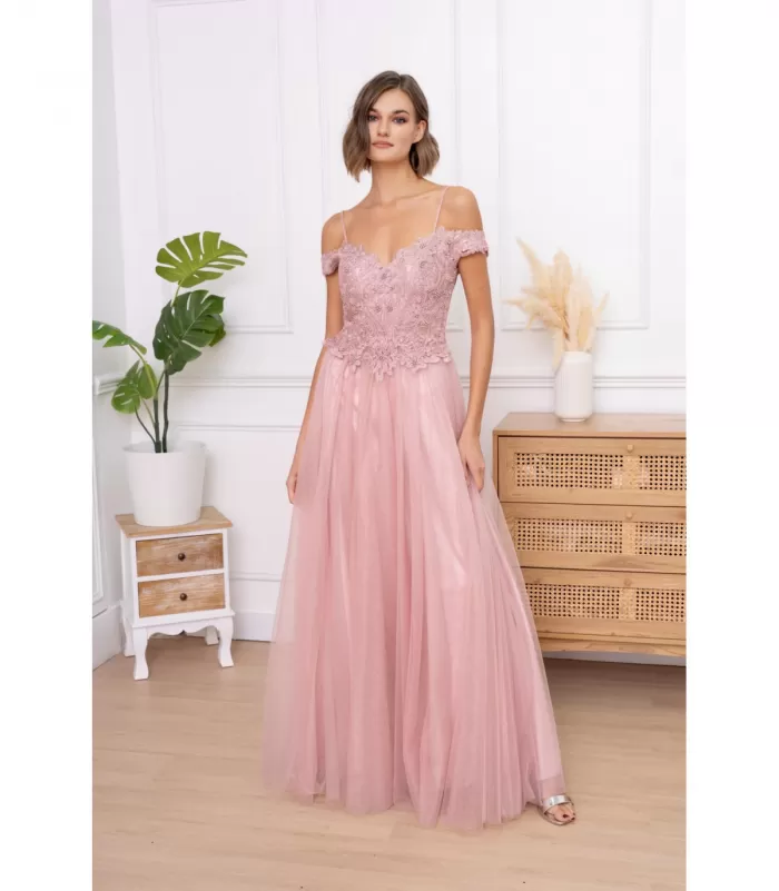 Soky Soka vaaleanpunainen pitkä juhlamekko helmillä