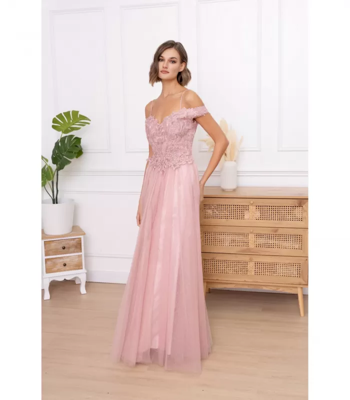Soky Soka vaaleanpunainen pitkä juhlamekko helmillä
