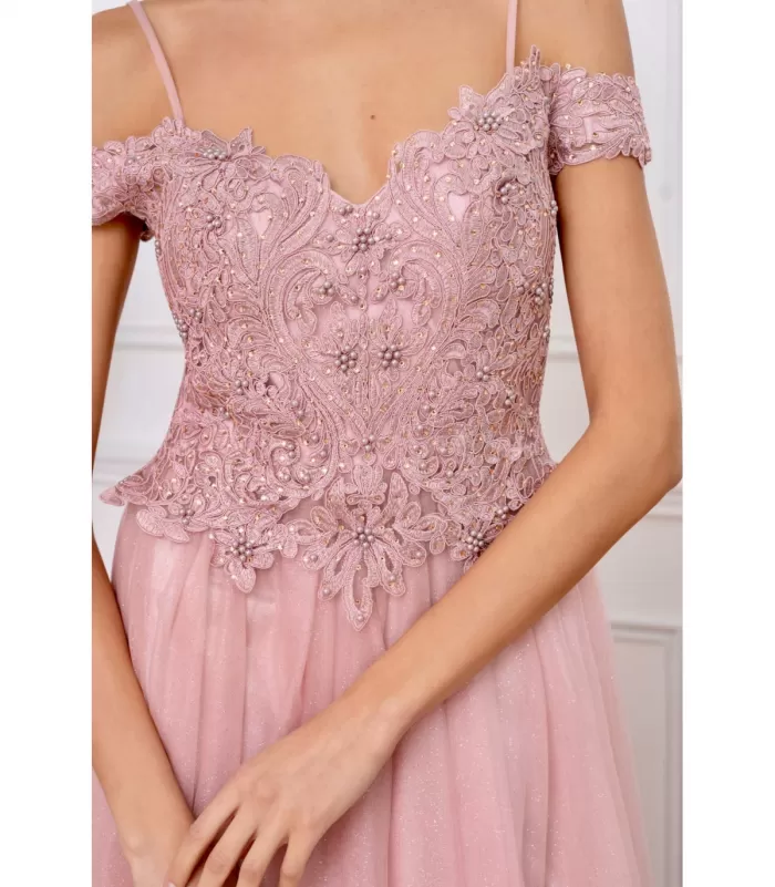 Soky Soka vaaleanpunainen pitkä juhlamekko helmillä