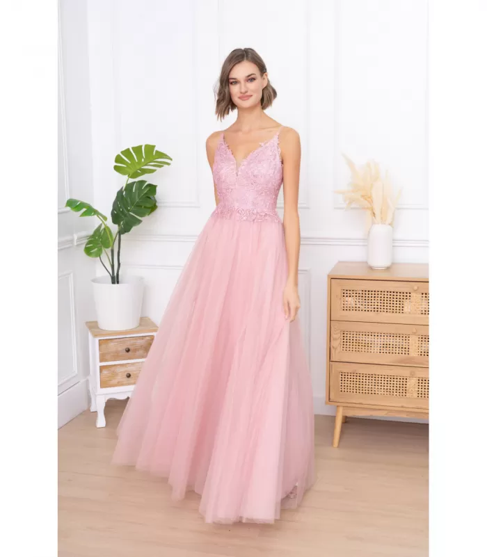 Soky Soka vaaleanpunainen pitkä juhlamekko strasseilla