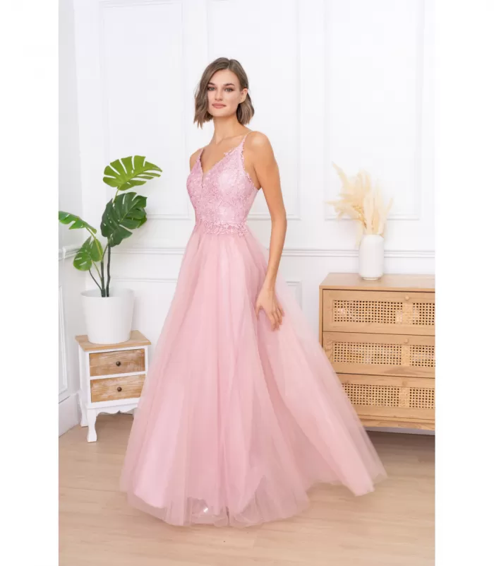 Soky Soka vaaleanpunainen pitkä juhlamekko strasseilla