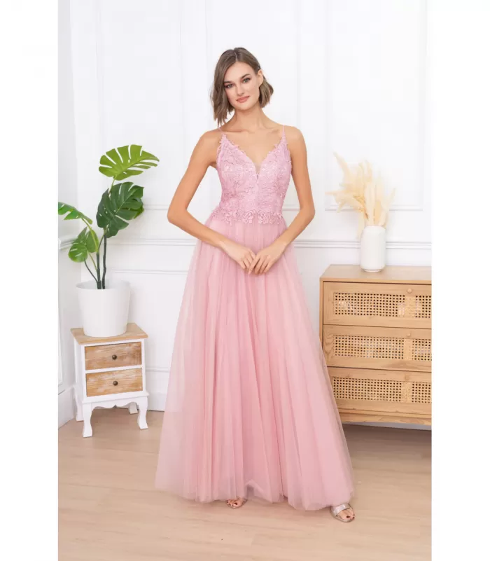 Soky Soka vaaleanpunainen pitkä juhlamekko strasseilla