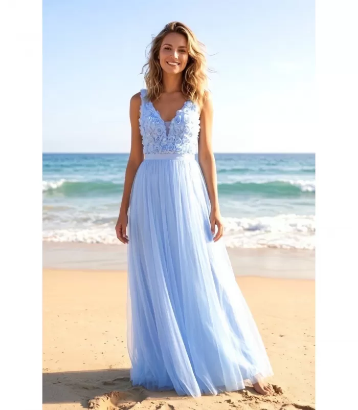 Soky Soka vaaleansininen pitkä juhlamekko ruusuilla