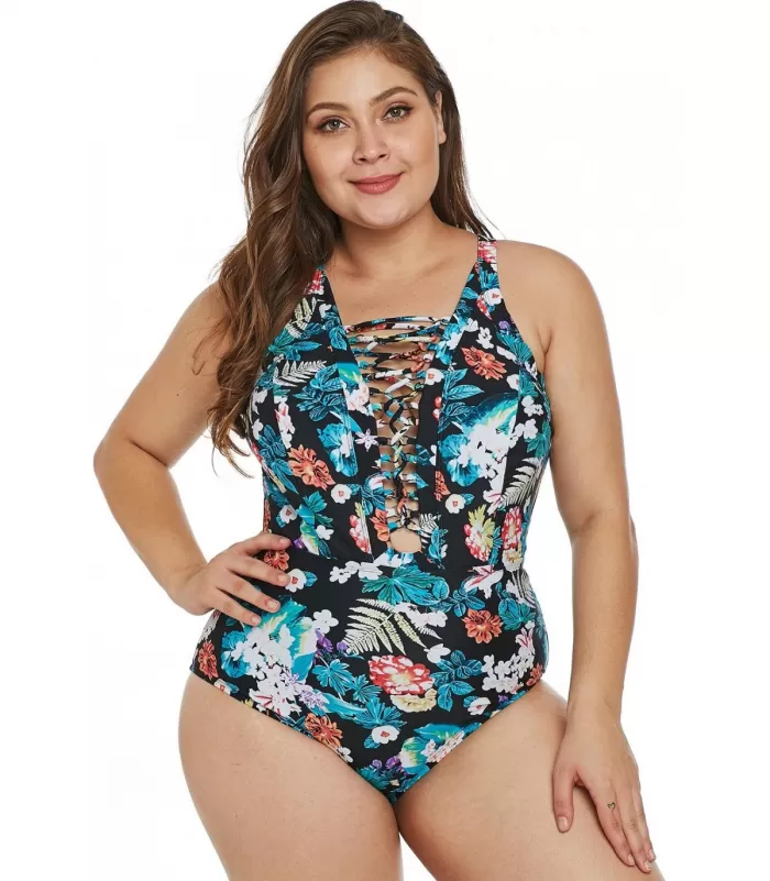 Tropiikkikuvioinen ristikkonyörikoristeinen uimapuku