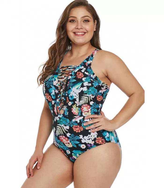 Tropiikkikuvioinen ristikkonyörikoristeinen uimapuku