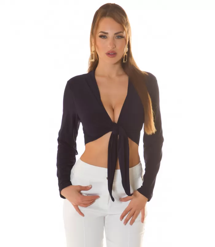 Tummansininen pitkähihainen solmittava lyhyt paita