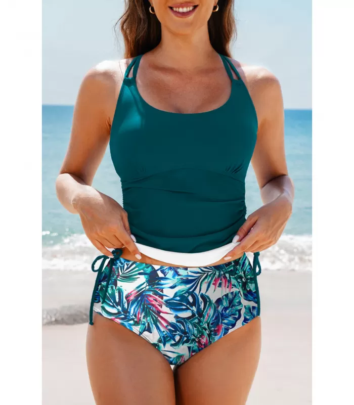 Tummanvihreä tankini + lehtikuvioiset korkeavyötäröiset bikinihousut