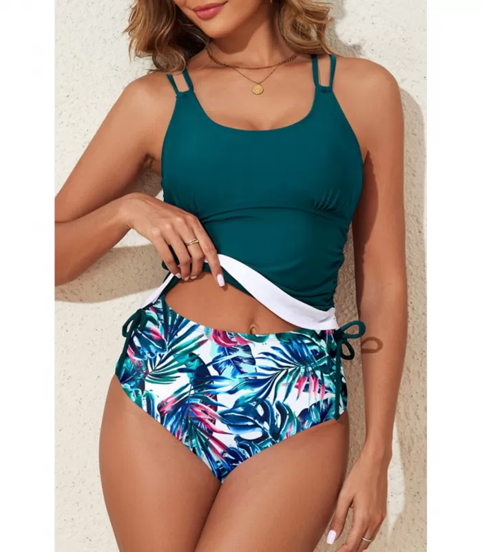 Tummanvihreä tankini + lehtikuvioiset korkeavyötäröiset bikinihousut