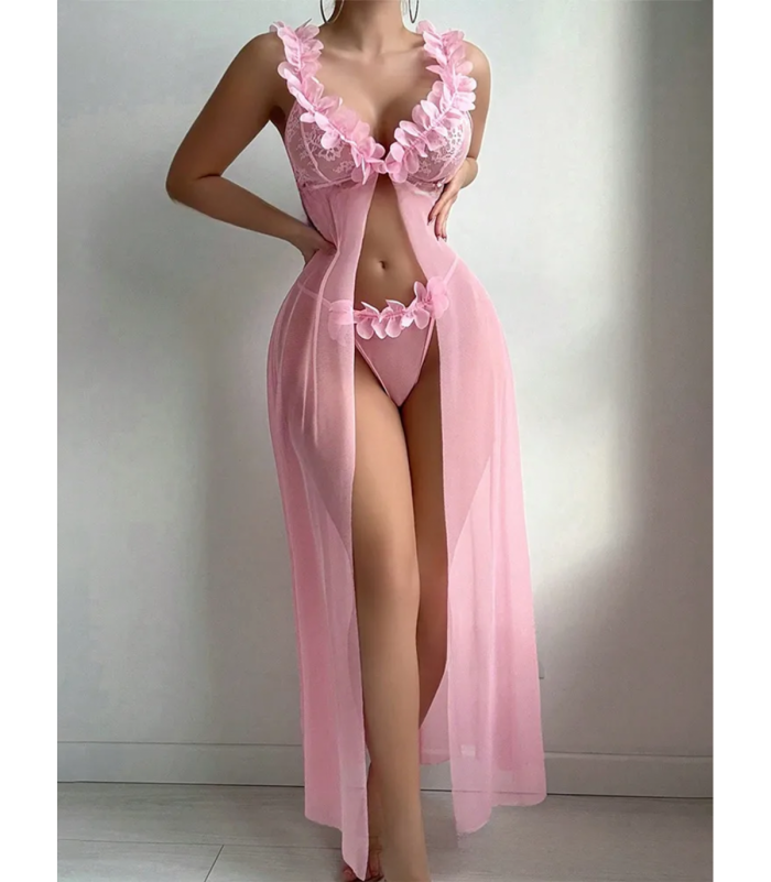 Vaaleanpunainen avonainen pitkä babydoll koristeilla