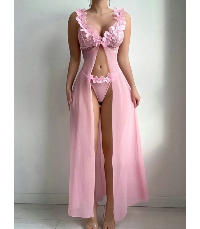 Vaaleanpunainen avonainen pitkä babydoll koristeilla