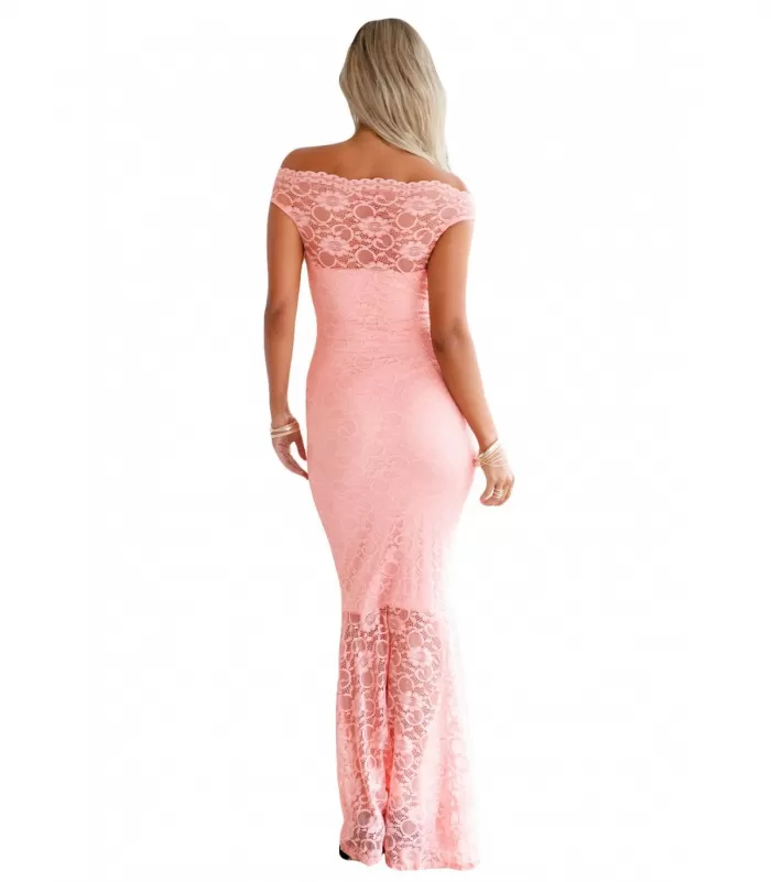 Vaaleanpunainen off-shoulder pitkä pitsimekko [LÖYTÖ]