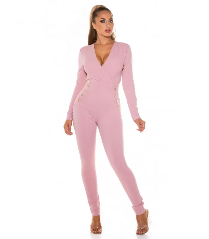 Vaaleanpunainen pitkähihainen v-jumpsuit napeilla
