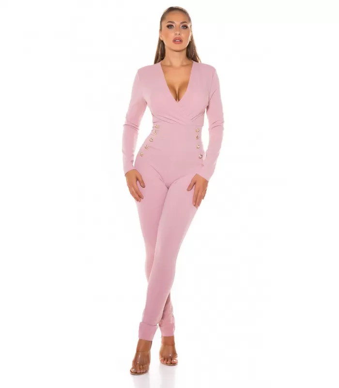 Vaaleanpunainen pitkähihainen v-jumpsuit napeilla