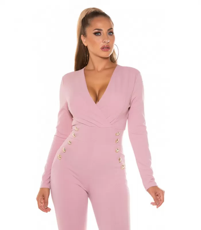 Vaaleanpunainen pitkähihainen v-jumpsuit napeilla