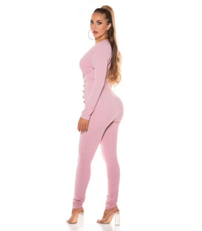 Vaaleanpunainen pitkähihainen v-jumpsuit napeilla