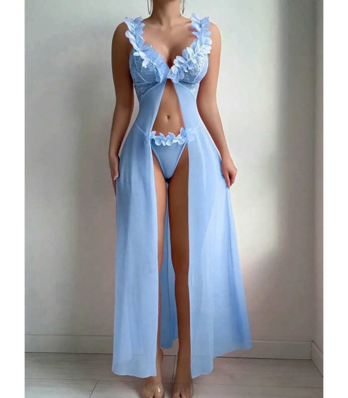 Vaaleansininen avonainen pitkä babydoll koristeilla