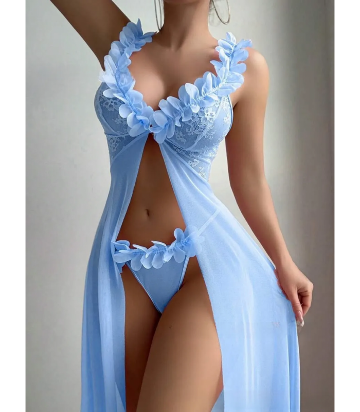 Vaaleansininen avonainen pitkä babydoll koristeilla