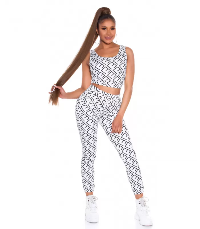 Valkoinen crop top printtikuvioinen joggerisetti