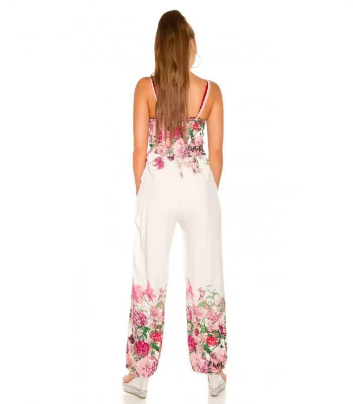 Valkoinen kukkakuvioinen jumpsuit virkkauksella [LÖYTÖ]