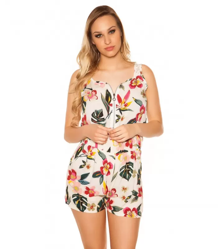 Valkoinen kukkakuvioinen vetoketjukoristeinen playsuit